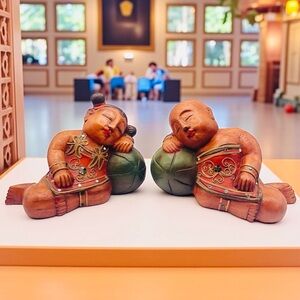 Vtg Asian Wood Hand Carved Sleeping Children Figurines Good Luck Symbol Thailand